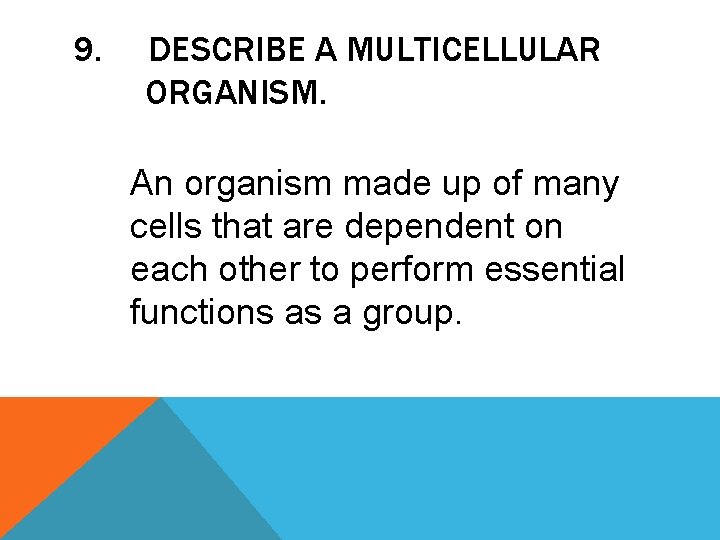 9. DESCRIBE A MULTICELLULAR ORGANISM. An organism made up of many cells that are