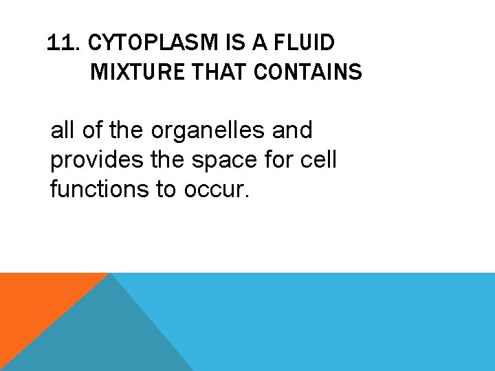 11. CYTOPLASM IS A FLUID MIXTURE THAT CONTAINS all of the organelles and provides