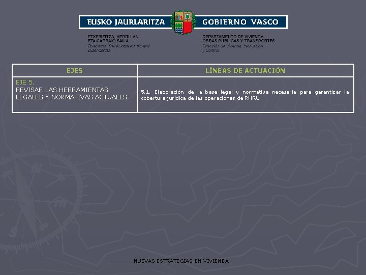 EJES EJE 5. REVISAR LAS HERRAMIENTAS LEGALES Y NORMATIVAS ACTUALES LÍNEAS DE ACTUACIÓN 5.