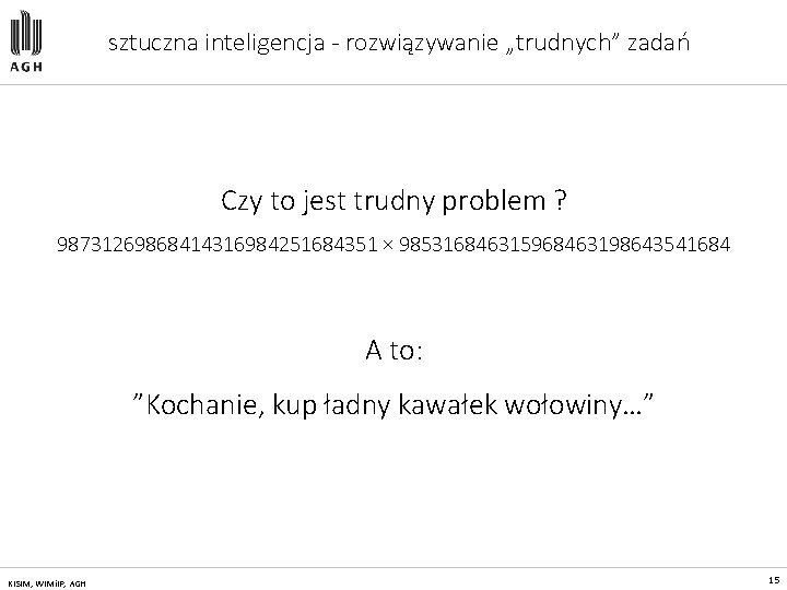 sztuczna inteligencja - rozwiązywanie „trudnych” zadań Czy to jest trudny problem ? 98731269868414316984251684351 ×