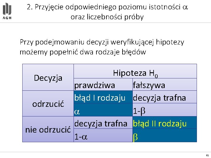 2. Przyjęcie odpowiedniego poziomu istotności oraz liczebności próby Przy podejmowaniu decyzji weryfikującej hipotezy możemy