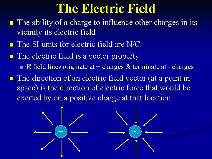 The Electric Field n n n The ability of a charge to influence other