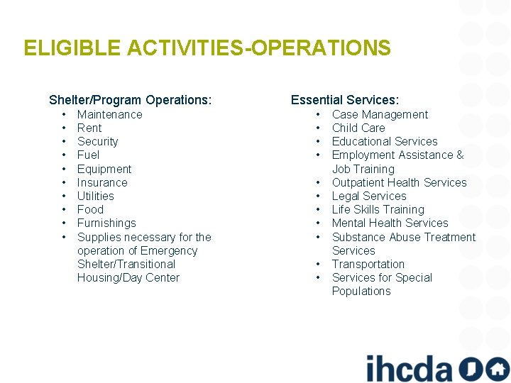 ELIGIBLE ACTIVITIES-OPERATIONS Shelter/Program Operations: • • • Maintenance Rent Security Fuel Equipment Insurance Utilities