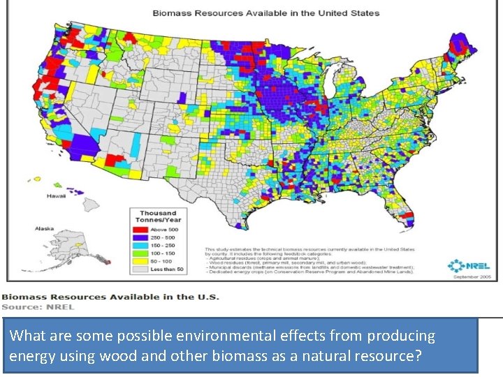 What are some possible environmental effects from producing energy using wood and other biomass