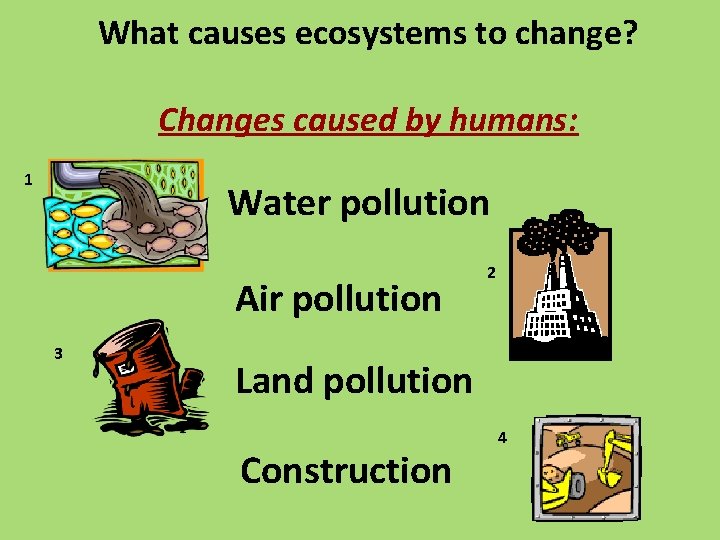 What causes ecosystems to change? Changes caused by humans: 1 Water pollution Air pollution
