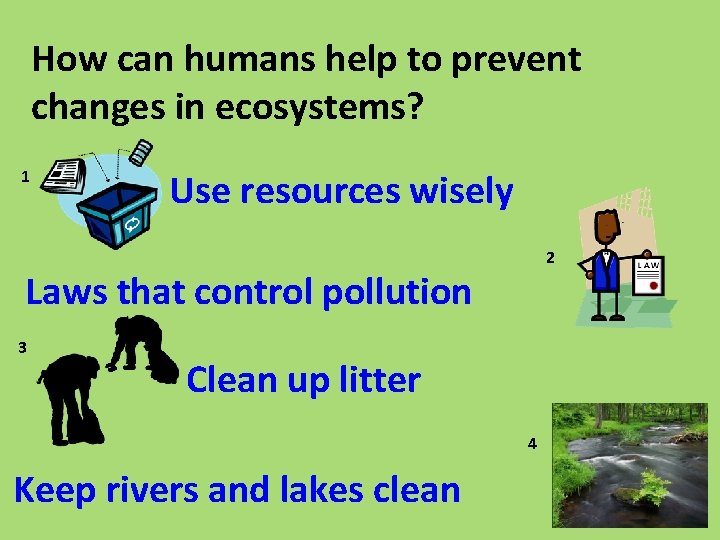 How can humans help to prevent changes in ecosystems? 1 Use resources wisely 2