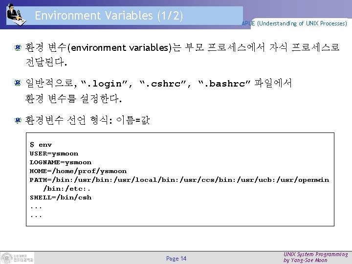 Environment Variables (1/2) APUE (Understanding of UNIX Processes) 환경 변수(environment variables)는 부모 프로세스에서 자식