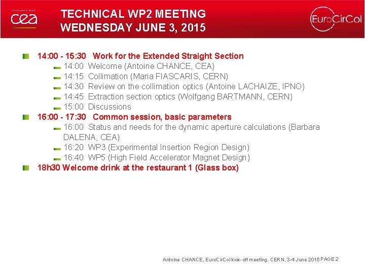 TECHNICAL WP 2 MEETING WEDNESDAY JUNE 3, 2015 14: 00 - 15: 30 Work