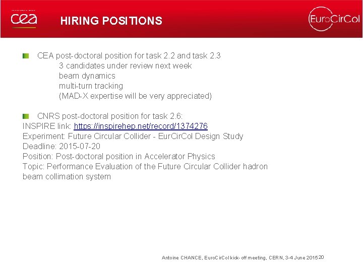 HIRING POSITIONS CEA post-doctoral position for task 2. 2 and task 2. 3 3