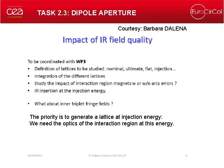 TASK 2. 3: DIPOLE APERTURE Courtesy: Barbara DALENA The priority is to generate a