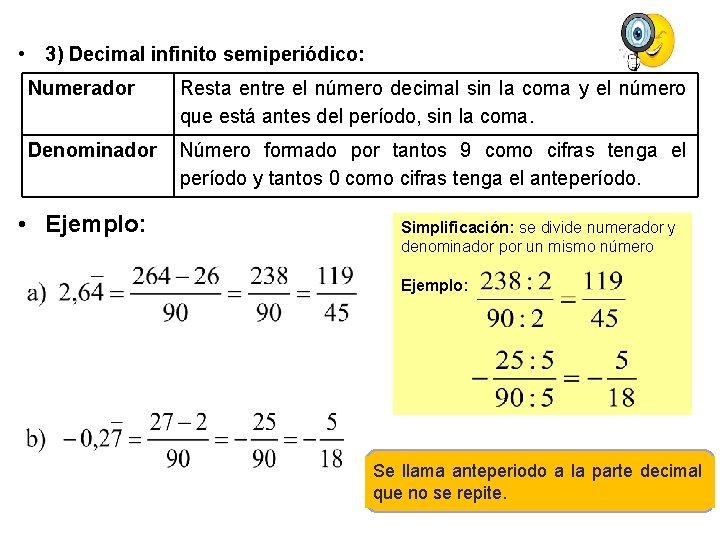  • 3) Decimal infinito semiperiódico: Numerador Resta entre el número decimal sin la