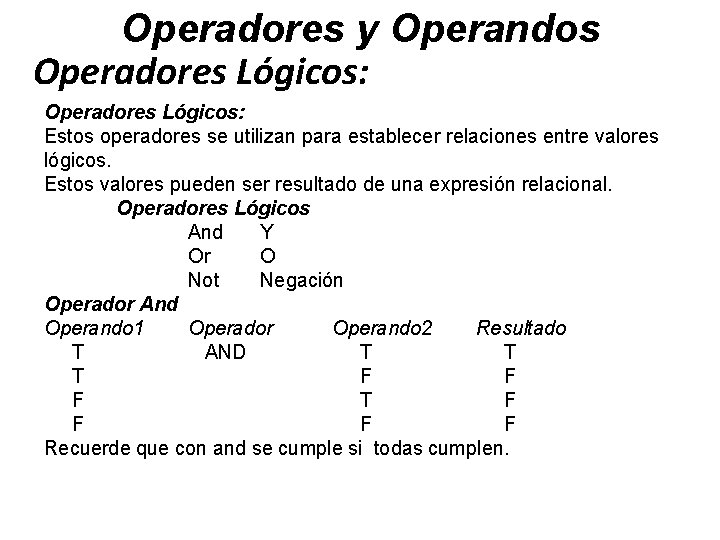 Operadores y Operandos Operadores Lógicos: Estos operadores se utilizan para establecer relaciones entre valores