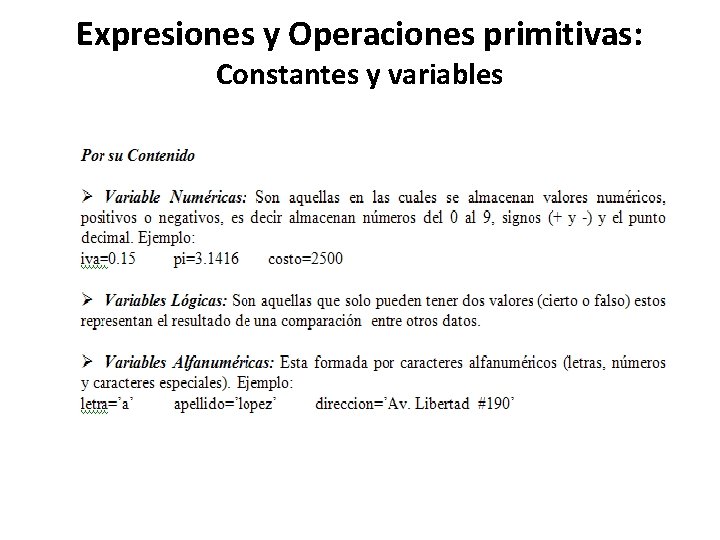 Expresiones y Operaciones primitivas: Constantes y variables 