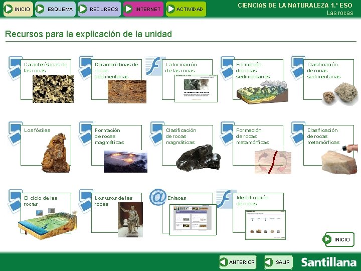 INICIO ESQUEMA RECURSOS INTERNET ACTIVIDAD CIENCIAS DE LA NATURALEZA 1. º ESO Las rocas