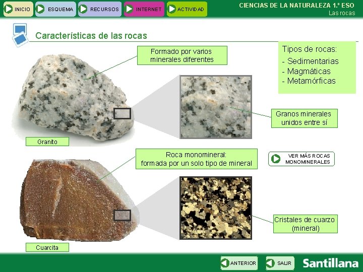 INICIO ESQUEMA RECURSOS INTERNET ACTIVIDAD CIENCIAS DE LA NATURALEZA 1. º ESO Las rocas