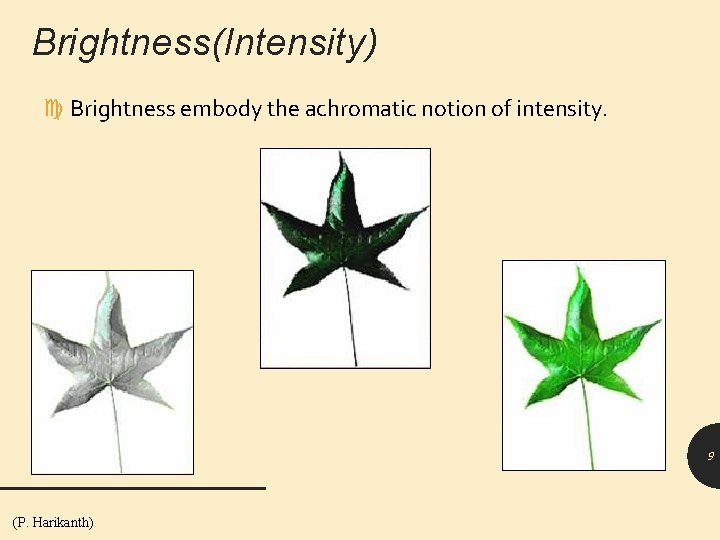 Brightness(Intensity) Brightness embody the achromatic notion of intensity. 9 (P. Harikanth) 