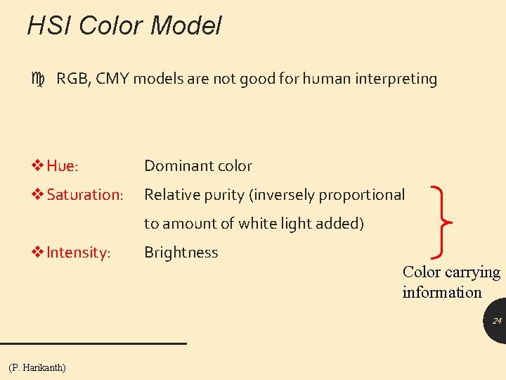 HSI Color Model RGB, CMY models are not good for human interpreting v. Hue: