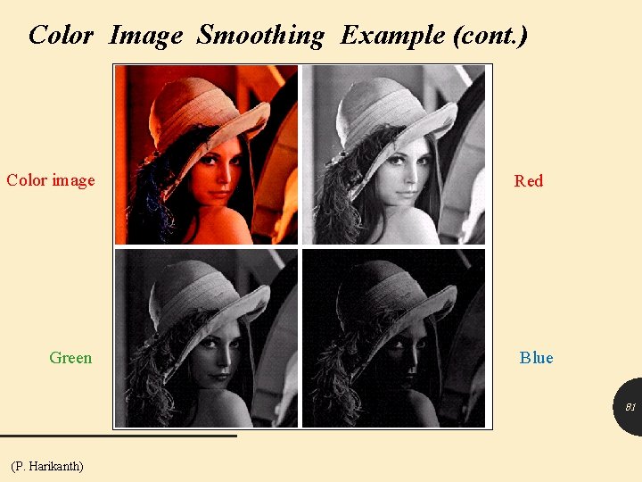 Color Image Smoothing Example (cont. ) Color image Green Red Blue 81 (P. Harikanth)