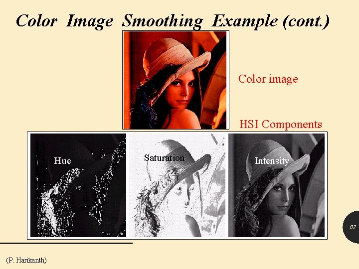 Color Image Smoothing Example (cont. ) Color image HSI Components Hue Saturation Intensity 82