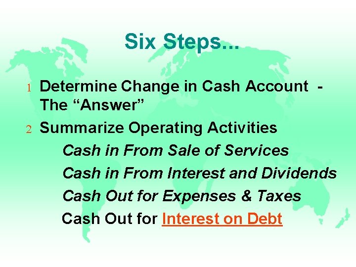Six Steps. . . 1 2 Determine Change in Cash Account The “Answer” Summarize Six Steps. . . 1 2 Determine Change in Cash Account The “Answer” Summarize