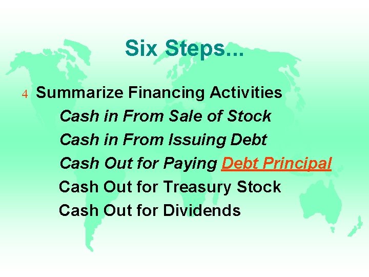 Six Steps. . . 4 Summarize Financing Activities Cash in From Sale of Stock Six Steps. . . 4 Summarize Financing Activities Cash in From Sale of Stock