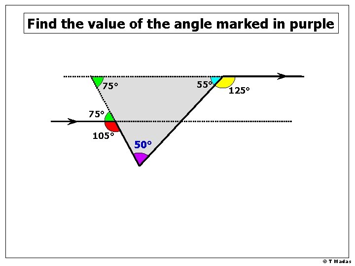 Find the value of the angle marked in purple 55° 75° 125° 75° 105°