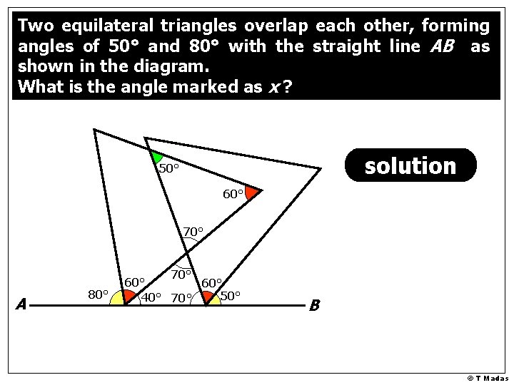 Two equilateral triangles overlap each other, forming angles of 50° and 80° with the