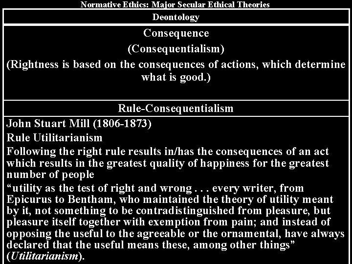 Normative Ethics: Major Secular Ethical Theories Deontology Consequence (Consequentialism) (Rightness is based on the