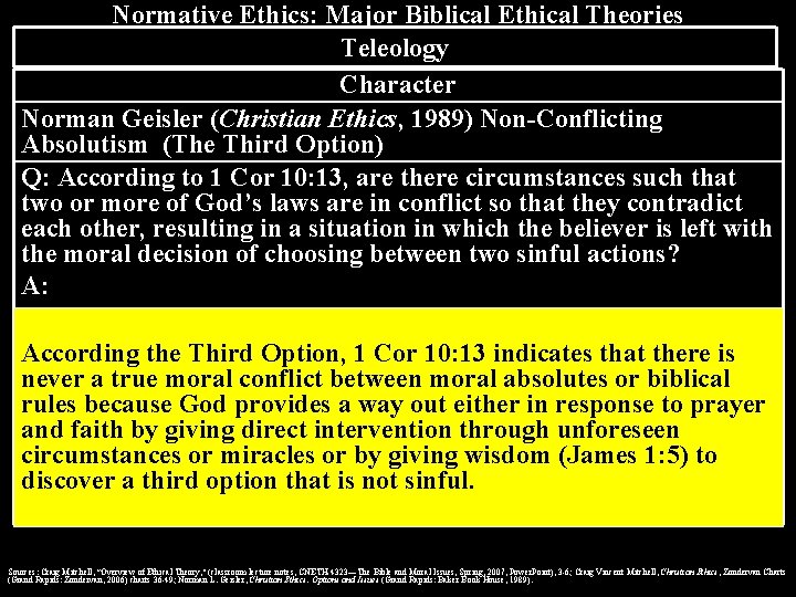 Normative Ethics: Major Biblical Ethical Theories Teleology Character Norman Geisler (Christian Ethics, 1989) Non-Conflicting