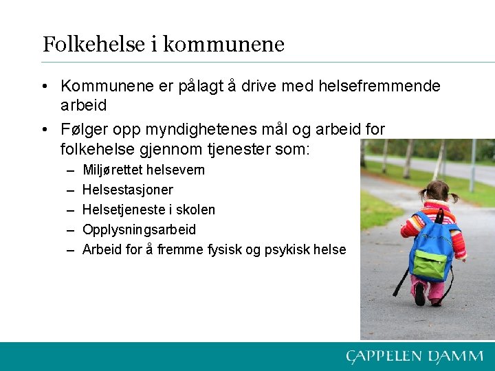 Folkehelse i kommunene • Kommunene er pålagt å drive med helsefremmende arbeid • Følger