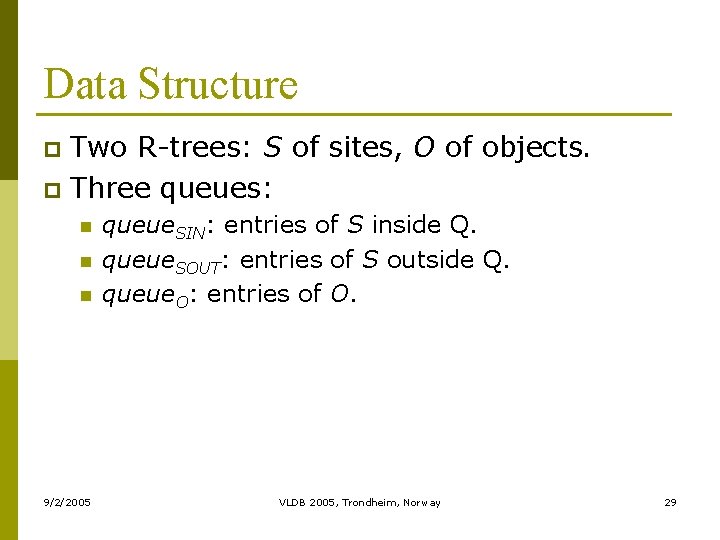 Data Structure Two R-trees: S of sites, O of objects. p Three queues: p