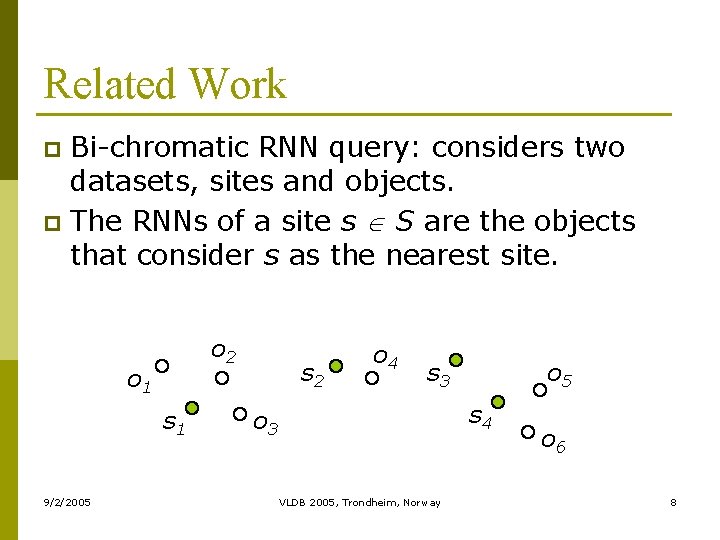 Related Work Bi-chromatic RNN query: considers two datasets, sites and objects. p The RNNs
