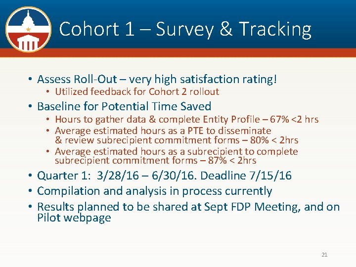 Cohort 1 – Survey & Tracking • Assess Roll-Out – very high satisfaction rating!