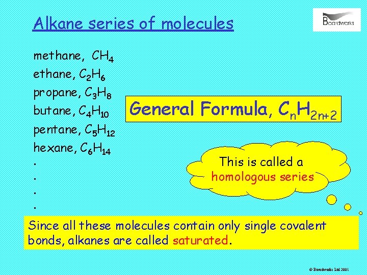 Alkane series of molecules methane, CH 4 ethane, C 2 H 6 propane, C