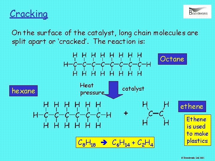 Cracking On the surface of the catalyst, long chain molecules are split apart or