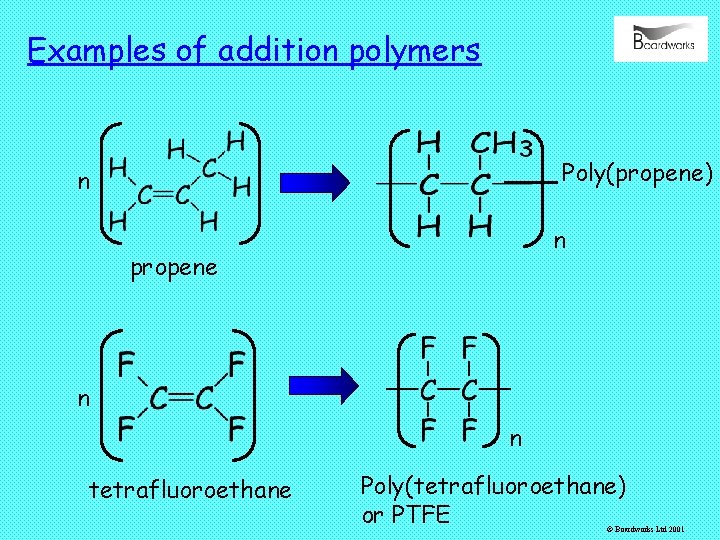 Examples of addition polymers Poly(propene) n n propene n n tetrafluoroethane Poly(tetrafluoroethane) or PTFE