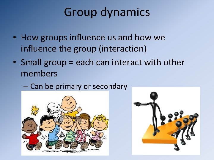 Group dynamics • How groups influence us and how we influence the group (interaction)