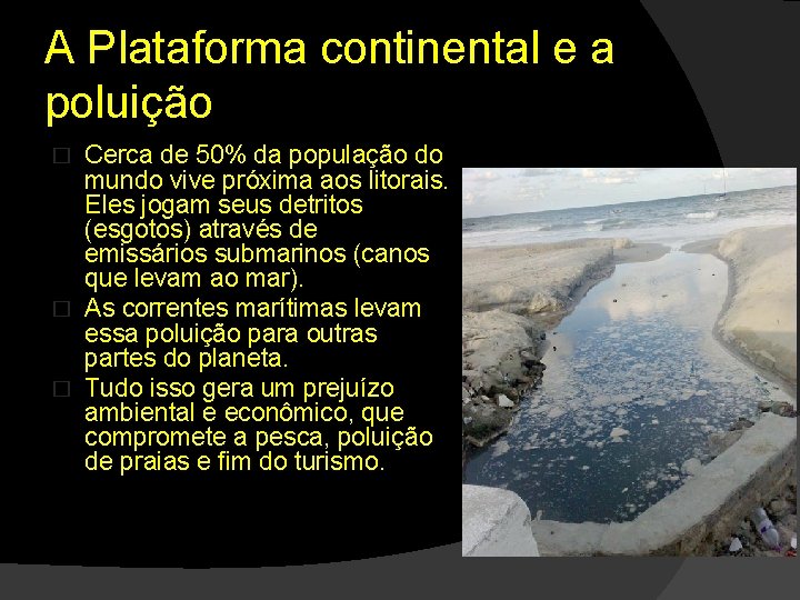 A Plataforma continental e a poluição Cerca de 50% da população do mundo vive