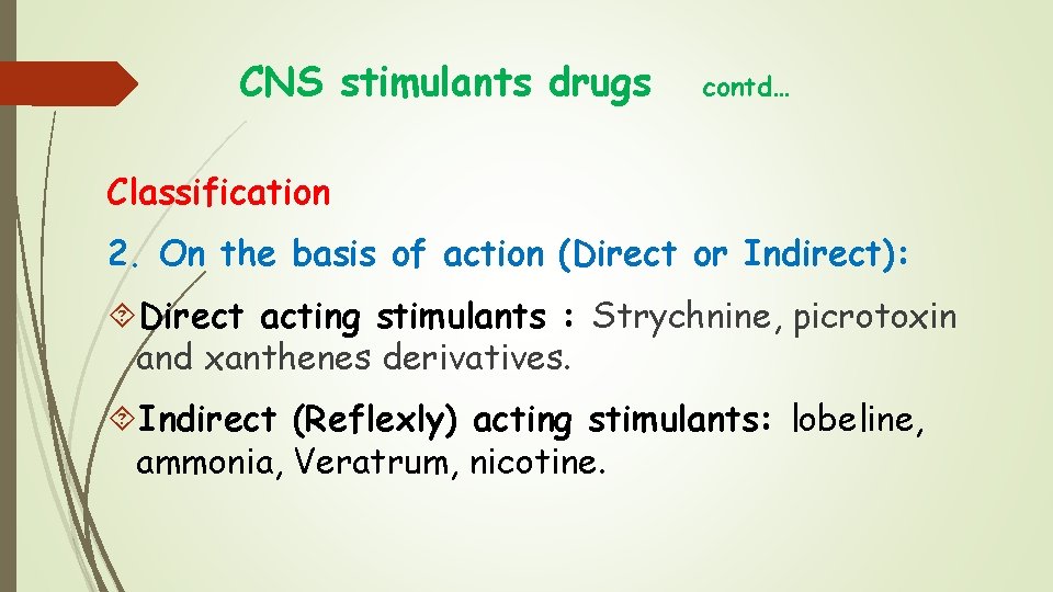 CNS stimulants drugs contd… Classification 2. On the basis of action (Direct or Indirect): CNS stimulants drugs contd… Classification 2. On the basis of action (Direct or Indirect):