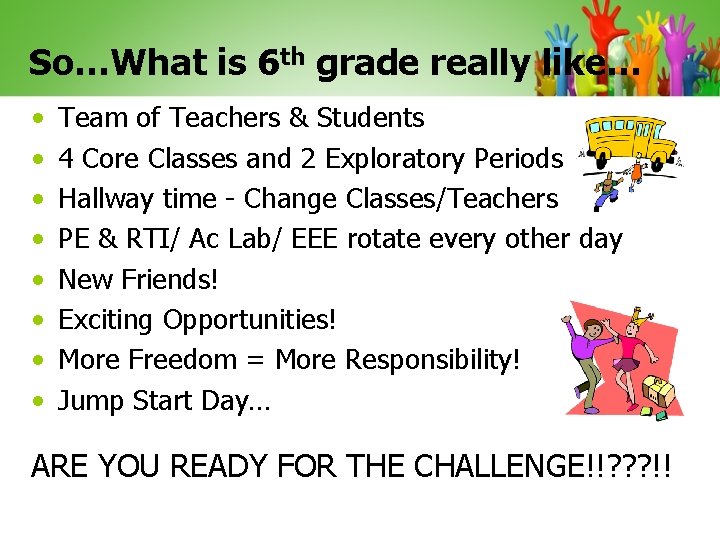 So…What is 6 th grade really like… • • Team of Teachers & Students