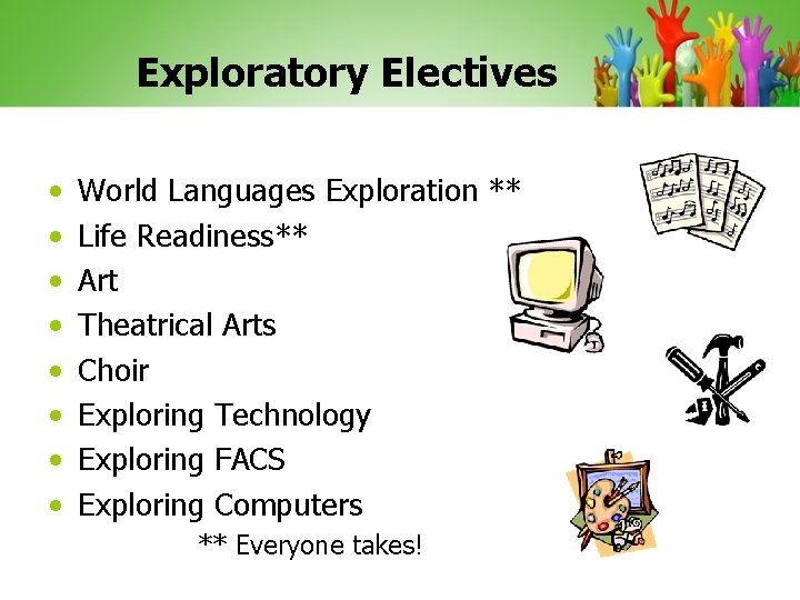 Exploratory Electives • • World Languages Exploration ** Life Readiness** Art Theatrical Arts Choir