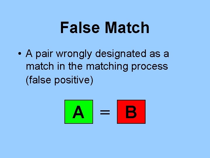 False Match • A pair wrongly designated as a match in the matching process