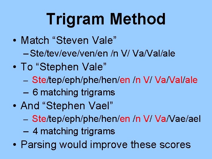 Trigram Method • Match “Steven Vale” – Ste/tev/eve/ven/en /n V/ Va/Val/ale • To “Stephen