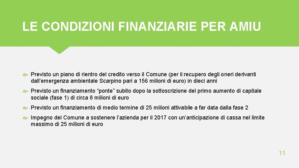 LE CONDIZIONI FINANZIARIE PER AMIU Previsto un piano di rientro del credito verso il