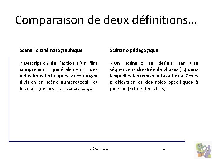 Comparaison de deux définitions… Scénario cinématographique Scénario pédagogique « Description de l’action d’un film