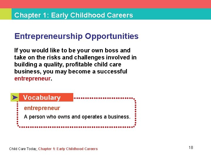 Chapter 1: Early Childhood Careers Entrepreneurship Opportunities If you would like to be your