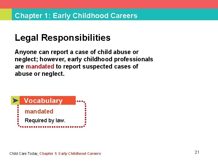 Chapter 1: Early Childhood Careers Legal Responsibilities Anyone can report a case of child