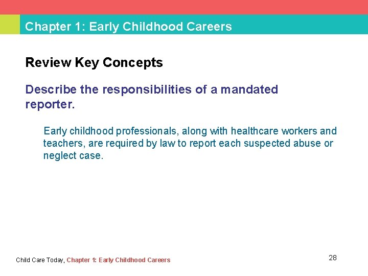 Chapter 1: Early Childhood Careers Review Key Concepts Describe the responsibilities of a mandated