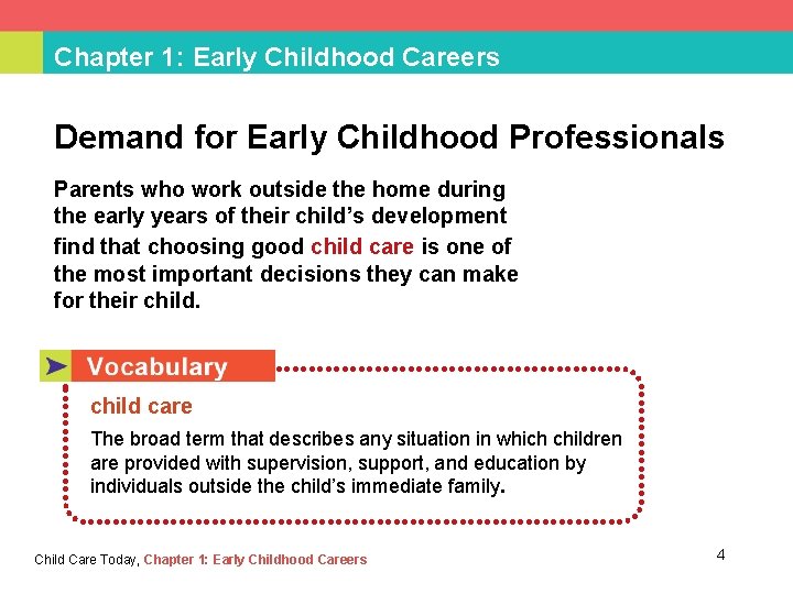 Chapter 1: Early Childhood Careers Demand for Early Childhood Professionals Parents who work outside