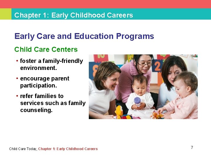 Chapter 1: Early Childhood Careers Early Care and Education Programs Child Care Centers •